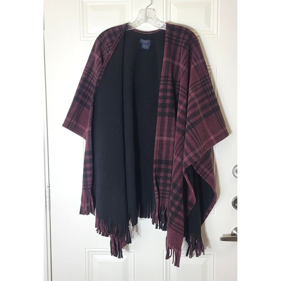 RACHEL Rachel Roy Jackets & Blazers - Rachel Roy Wrap Cape Poncho Brown Black Plaid One Size Fringe Warm Cozy EUC
